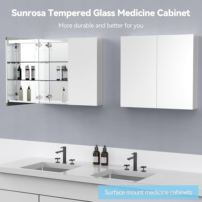 Sunrosa Medicine Cabinet with Mirror, 30" W x 31.5" H, 2 Symmetrical Doors, Wall-Mounted & Recessed Bathroom Medicine Cabinet with Tempered Glass Mirror