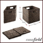 Casafield 10.5" x 10.5" Water Hyacinth Storage Baskets, Espresso - Set of 4 Collapsible Cube Organizers, Woven Bins for Bathroom, Bedroom, Laundry, Pantry, Shelves