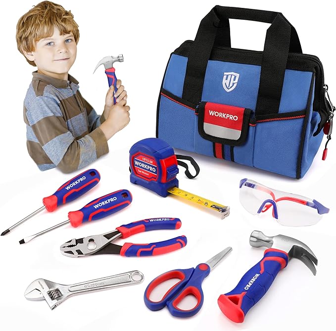 WORKPRO 9-Piece Kids Real Hand Tool Set, Blue Junior Tool Kit with Storage Bag for Boys, Girls, Children DIY Building and Woodworking, Age 8+