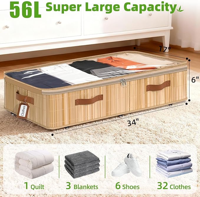Livole 3 Pack Bamboo Under Bed Storage with Wheels, 6 inches Underbed Storage Containers, 56L XXL Rolling Under Bed Storage Bins with Clear Lid & Label for Clothes, Blankets, Sweater, Shoes