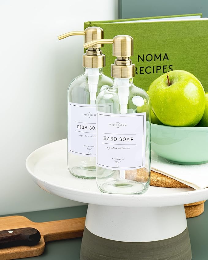 Vine Creations Clear Glass Soap Dispenser, 2 Pack Kitchen Soap Dispenser Set with Stainless Steel Pump, 16 oz Dish Soap and Hand Soap Dispensers for Bathroom with Waterproof Labels