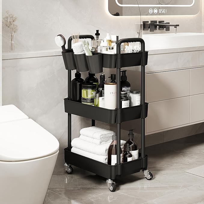UDEAR 3-Tier Rolling Utility Cart,Multifunctional Storage Shelves with Handle and Lockable Wheels for Room,Office,Kitchen,Bathroom,with 3 Hanging Cups,Black