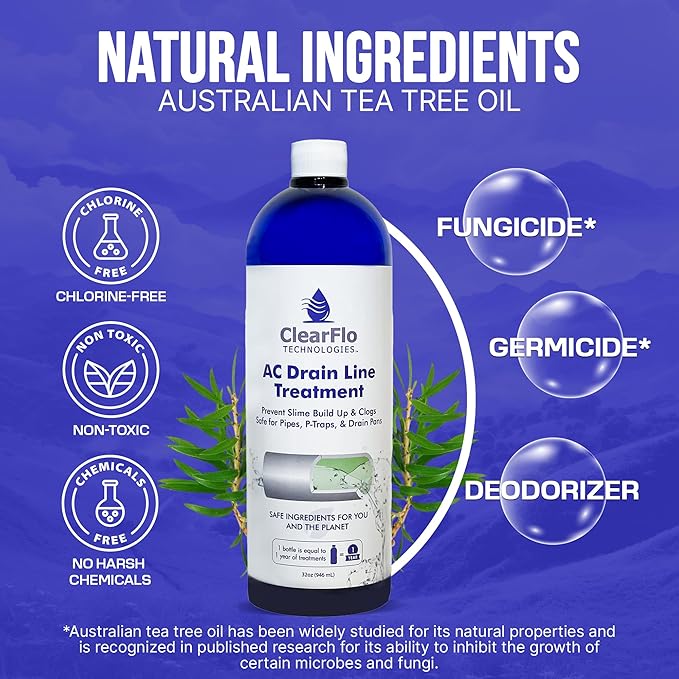 AC Drain Line Treatment 32 oz | Up to 1 Year Supply | Chlorine Free Non Toxic Formula with Natural Tea Tree Oil | Simple 3 Ingredient Solution | Safe for Homes and Institutions