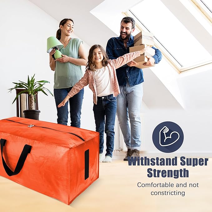 HOMESURE 12 Pack Large Strong Moving Bags with Zippers & Carrying Handles - Water-Resistant - Heavy Duty Storage Tote for Space Saving, Fold Flat, Alternative to Moving Box (Orange)