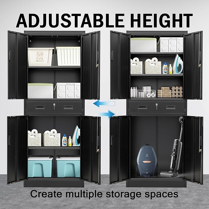 Metal Storage Cabinets with 1Drawer, 71" Storage Cabinet with 4 Locking Doors and 2 Adjustable Shelves, Steel Storage File Cabinet for Pantry Home, Kitchen, Office, Garage (Black)