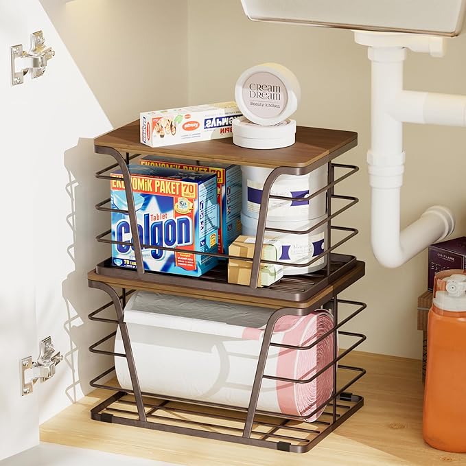 Extra Large 2 Pack Stackable Storage Pantry Organizers and Storage, Wall Mount Trash Bag Holder with Bamboo Top and Garbage Bag Dispenser, Brown