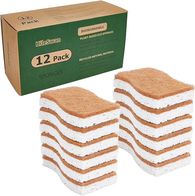 Natural Kitchen Sponges, 12 Pack Non-Scratch Scrubber, Biodegradable Compostable Sisal Cellulose Dish Scrub Sponges, Household Cleaning Sponges for Dishes