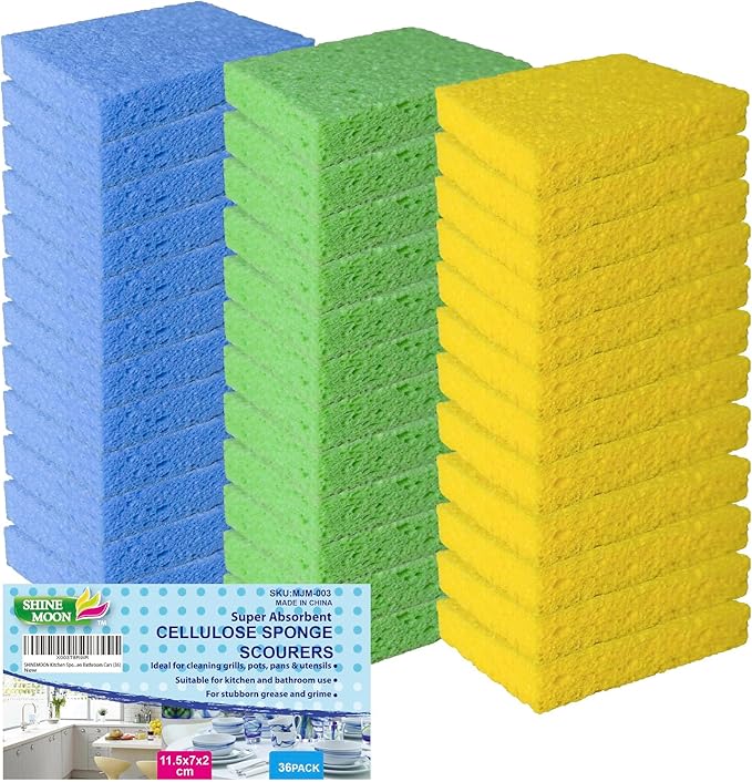 36 Pk Pop-Up Compressed Cellulose Sponges, Heavy Duty Scrub Kitchen Sponge, Clean Tough Messes Without Scratching Eco Friendly Reusable Compostable&Biodegradable 4.6x2.8x0.8Inch