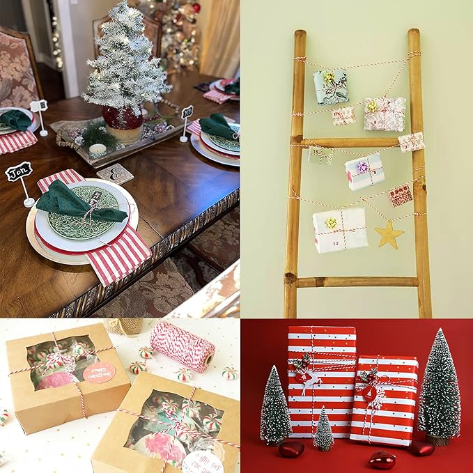 Benvo Pack of 2 Green White Cotton Twine and Red White Packing String Christmas Xmas Twine Rope Ribbon Cord for Baking, Butchers, DIY Crafts Wrapping Ornaments Hanging 656 ft Long