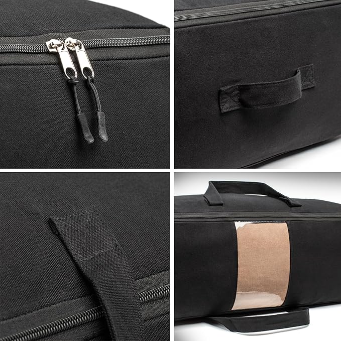 Soft Canvas Storage Bags with Zipper. Thick Breathable, 2pc King/Queen Comforter Organizer. Four Carrying Handles and Window. Large 25x19x9in Bag for Sheets Blankets Bedding Pillows, Clothes (Black)