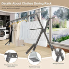 52-91 Inches Clothing Rack, Clothes Drying Rack Foldable, Length Adjustable, Laundry Clothes Drying Rack, Heavy Duty, Indoor Outdoor, with 42 Windproof Hooks, Easy Installed
