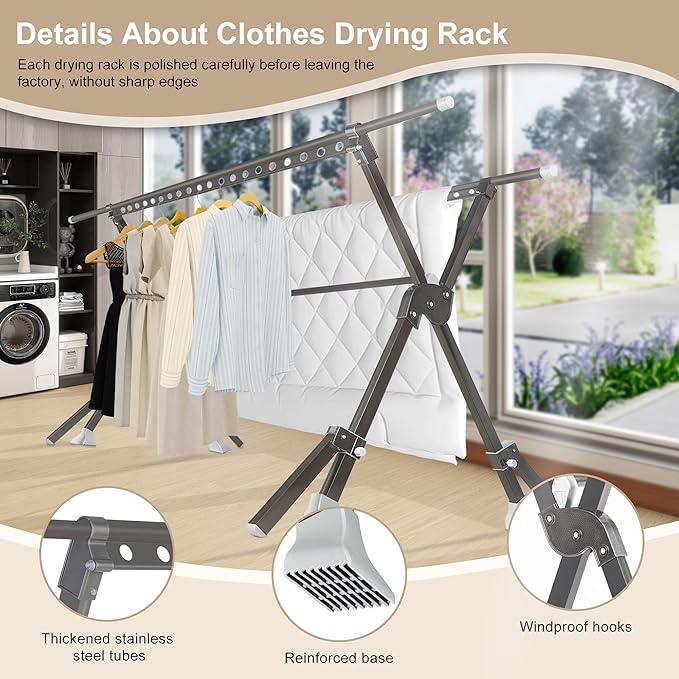 52-91 Inches Clothing Rack, Clothes Drying Rack Foldable, Length Adjustable, Laundry Clothes Drying Rack, Heavy Duty, Indoor Outdoor, with 42 Windproof Hooks, Easy Installed