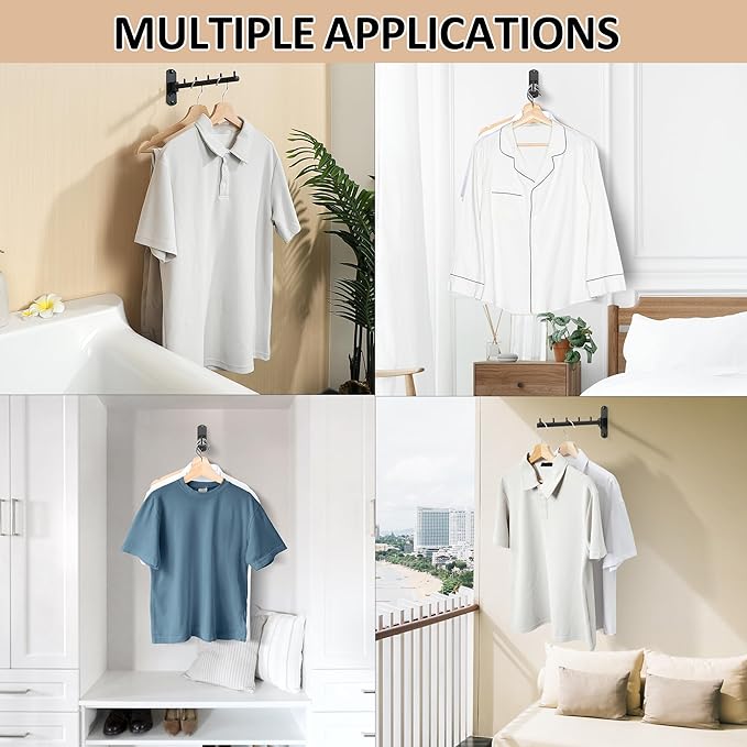 Swing Clothes Hanger, Wall Mounted Garment Bar-Hanger Holder Hooks, Heavy Duty Folding Drying Rack, Space Saving Clothing Hanging System, Closet Storage Organizer, Black