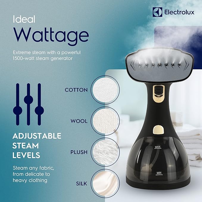 Electrolux Steamer for Clothes, 1500 Watt Portable Handheld Fabric and Garment Steamer with Lint Remover & Fabric Brush, Ultra-Fast Heat Up, 18 Min Continuous Steam for Powerful Wrinkle Remover, Black