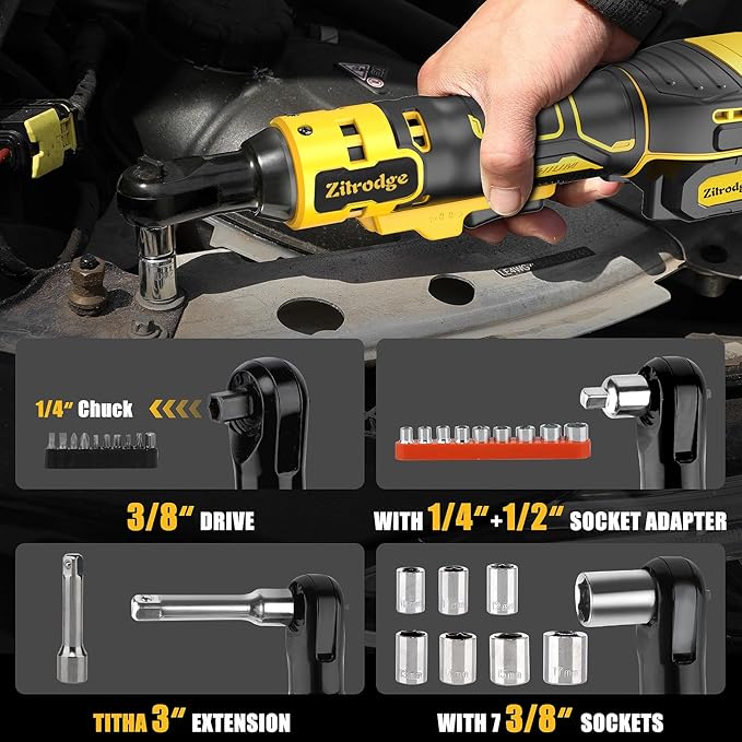 3/8" Cordless Electric Ratchet Wrench Set With Multi Drill Bits, 66FT-LBS 250 PRM Power Ratchet Wrench, 21V Ratchet Tool Kit, Variable Speed, 7 Sockets, LED Light, 1/4" and 1/2" Adapter, 2 Batteries