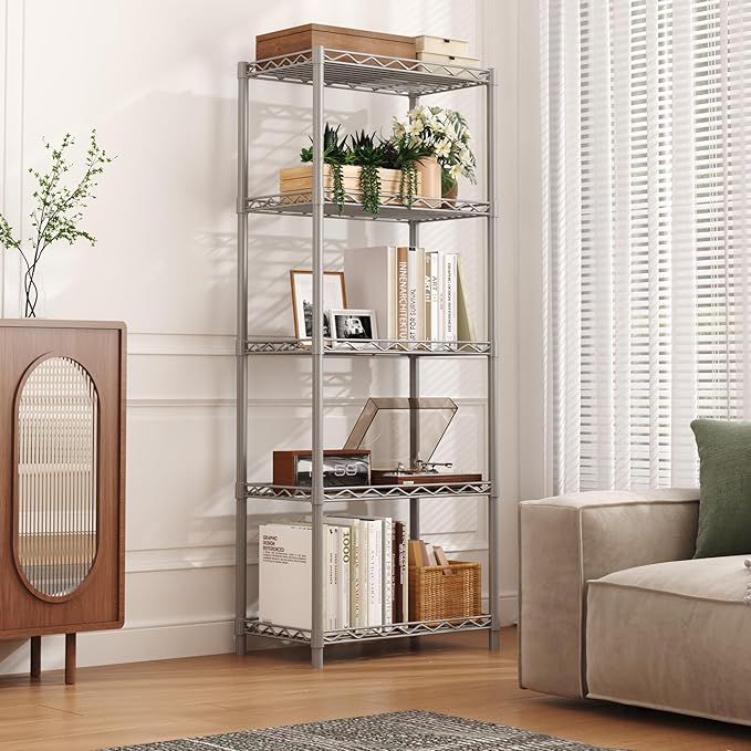 HOMEFORT 5-Tier Wire Shelving 5 Shelves Unit Metal Storage Rack Durable Organizer Perfect for Pantry Closet Kitchen Laundry Organization in Grey,21”Wx14”Dx61”H