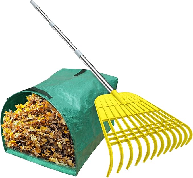 Gardzen 12 Tines Gardening Leaf Rake, Lightweight Steel Handle, Detachable, Ideal Camp Rake, Comes with Dustpan-Type Garden Bag - Yellow