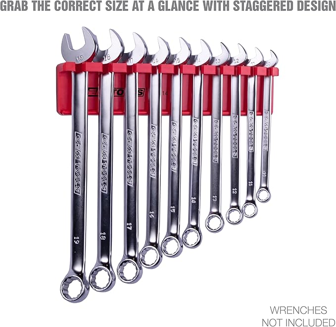 OEMTOOLS 22514 Magnetic Wrench Holder and Tool Organizer, Magnet Holds Up To 10 Wrenches To Most Metal Surfaces, SAE and Metric, 9.25 Inch Magnetic Tool Holder For Shop Or Garage, Red