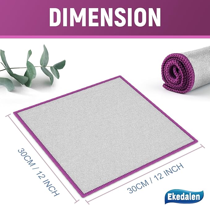Microfiber Cleaning Cloth Polishing Glass Cleaner Absorbent Kitchen Towel Quick Drying Miracle Lint Free Rags for Household Auto Detailing Bathroom, Pack of 6, 12 x 12 Inch, Sliver-Purple