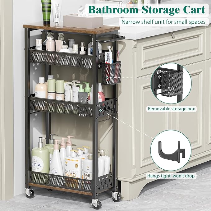 Slim Storage Cart 4 Tier Laundry Cart with Wheels, Narrow Metal Kitchen Rolling Carts Bathroom Organizers Storage Shelf with Wood Rack and Handle for Small Space