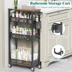 Slim Storage Cart 4 Tier Laundry Cart with Wheels, Narrow Metal Kitchen Rolling Carts Bathroom Organizers Storage Shelf with Wood Rack and Handle for Small Space
