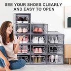 Kuject Large Shoe Organizers Storage Boxes for Closet, 12 Pack Clear Plastic Stackable Storage Bins with Lids, Under Bed Shoe Containers for Entryway, Drop Front, Fit up to Women's Size 10,Dark Gray