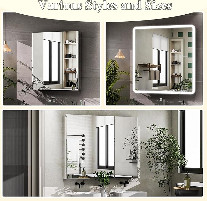 LED Bathroom Medicine Cabinet with Mirror, 30 Inch x 32 Inch Bathroom Mirror Cabinet with Door & Adjustable Shelves, Surface Mount or Recess Installation