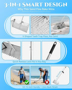 Sand Flea Rake 16" Wide - Detachable 54" Handle with Shark Tooth Screen - Steel Beach Rake for Fishing Bait, Shelling, Yard Cleaning - Saltwater Rust Proof & Portable