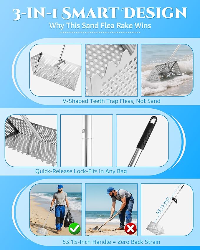 Sand Flea Rake 16" Wide - Detachable 54" Handle with Shark Tooth Screen - Steel Beach Rake for Fishing Bait, Shelling, Yard Cleaning - Saltwater Rust Proof & Portable