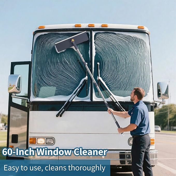60" Window Squeegee Cleaner Tool for Home - 3 in 1 Rotatable Window Cleaning Kit, Washing Tool for Indoor/Outdoor Glass, Mirrors, Shower Windshield with 4 Poles, 3 Microfiber Cloths & Screen Brush