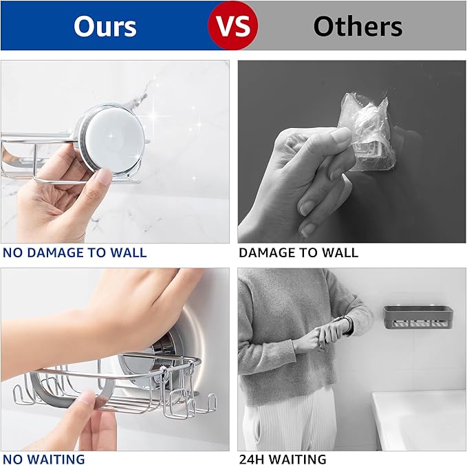 Soap Dish Soap Bar Holder Suction Cup with 4 Hooks, Stainless Steel Soap Saver Tray for Shower Wall, Bathroom, Kitchen, Rustproof No Drilling Bar Soap Holder, Silver