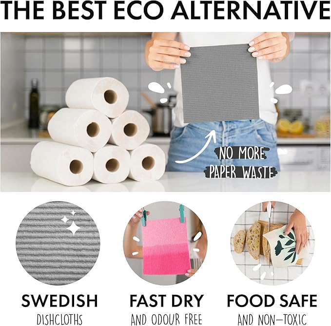 SUPERSCANDI 6 Pack Swedish Dishcloths for Kitchen - 100% Biodegradable & Compostable Reusable Paper Towels Washable, Food-Safe & Without Plastic - Dish Rags Suitable for Any Surface, Black