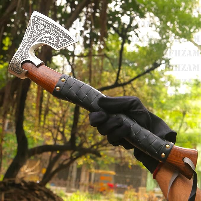Viking Axe with Gift Vikings Knife Sheath | HandForged Carbon Steel Camping Axes and Hatchets Viking Gifts for Men | Bearded Vikings Valhalla Axe (Ax-64)