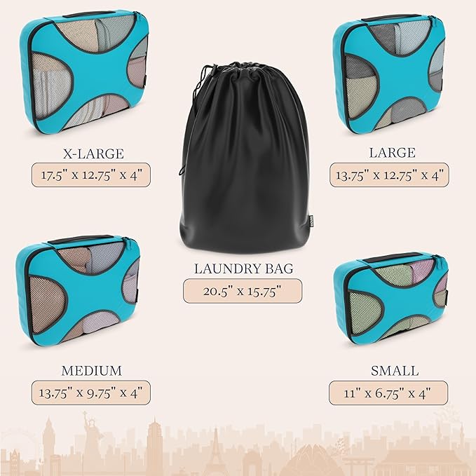 Shacke Premium 5 Packing Cubes Set - Lightweight Mesh Travel Luggage Organizers with Laundry Bag, 5-Piece Suitcase Storage System (Aqua Teal)
