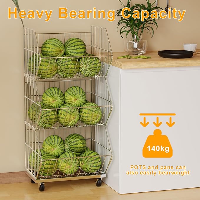 Heavy Duty Standing Metal Shelving Unit, Wire Storage Basket with Wheels, Folding Shoe Racks, Clothing Sweaters Shoes Handbags Organizer for Kitchen Garage Pantry Porch (3-Tier with Base)