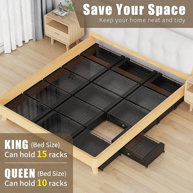 Under Bed Storage with Wheels and Cover, 360° Rolling Under Bed Metal Drawers for Clothes, Blankets, Books and Shoes,Black
