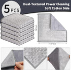 2 in 1 Stainless Steel Scrubber & Microfiber Cleaning Cloth, 5 Pack Towel & Steel Scrub Cloth for Pans, Dishes, Countertops, Reusable Non-Scratch Cleaning Pad for Kitchen Sink