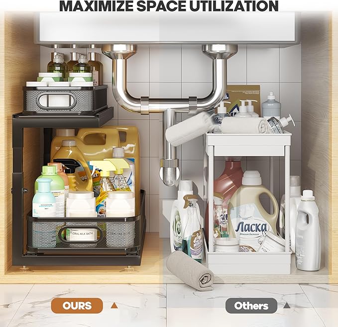 2-Pack 21.3 IN Depth Under Sink Organizer With Next-Gen Ball-Bearing Slides,Sophisticated Mesh 2-Tier Pull Out Shelf for Kitchen & Bathroom,Fits Small Items-Black