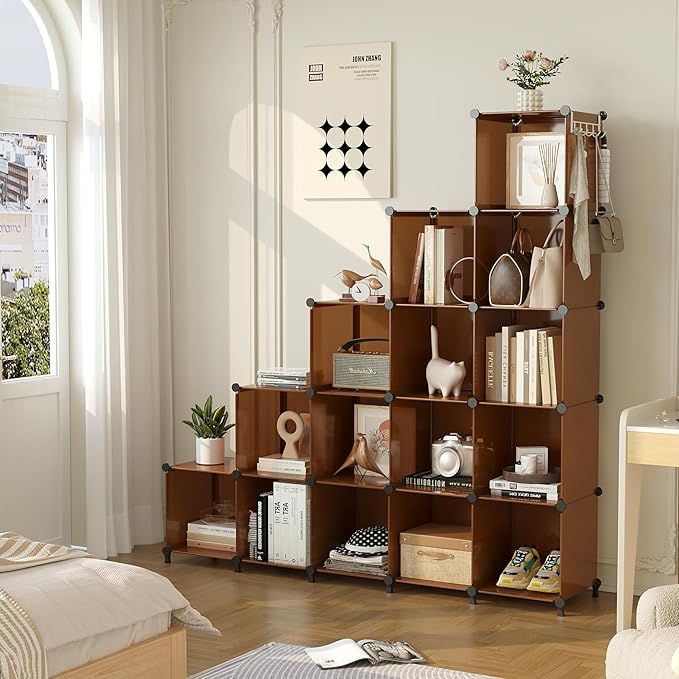 AWTATOS Cube Storage Organizer, Storage Cubes Shelves Bookshelf, 16 Cube Closet Organizers and Storage, DIY Stackable Plastic Clothes Organizer Shelving for Bedroom, Home Office, Cocoa Brown