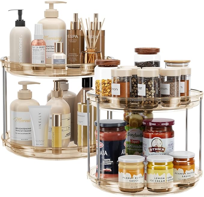 LAMU 2 Pack 2 Tier Lazy Susan Turntable Organizer 9.25'' Rotating Spice Rack Organization for Cabinet, Kitchen, Pantry, Countertop, Bathroom, Vanity, Medicine Cabinet Organizer, Amber