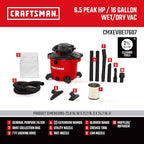 CRAFTSMAN CMXEVBE17607 16 Gallon 6.5 Peak HP Wet Dry Vac with Detachable Leaf Blower, Portable Shop Vacuum Wet and Dry with Filter, Dust Bag, Hose and Attachments for Garage, Outdoor Cleaning