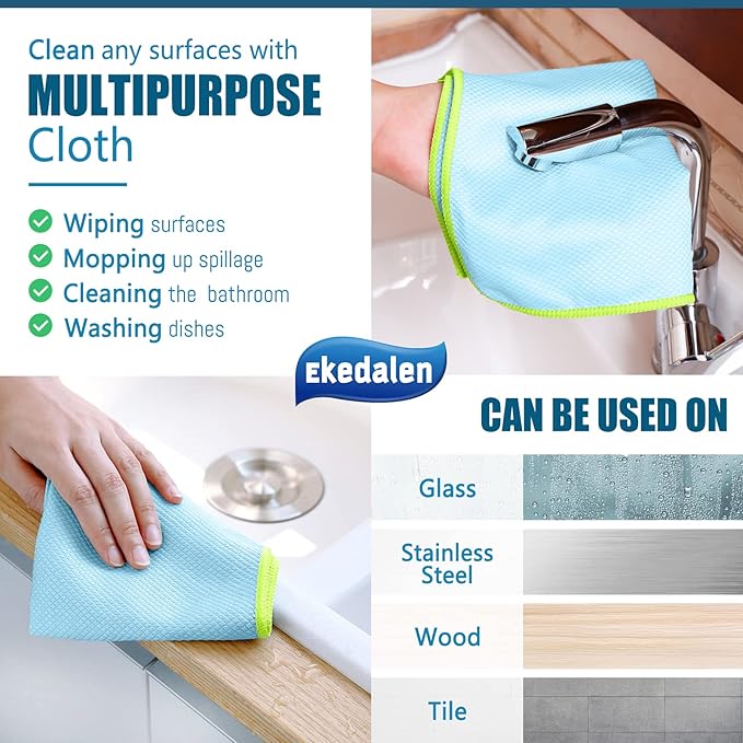 Microfiber Cleaning Cloth Lint Free Glass Cleaner Window Polishing Streak Free Miracle Easy Clean Rag Reusable for Mirror Kitchen Dish Auto Detailing,Pack of 8, 12'' x 16'', Blue and Grey