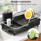 SAYZH Dish Drying Rack - Expandable Dish Rack for Kitchen Counter, Rust-Resistant Dish Drainer with Utensil Holder and Raised Guardrail, Kitchen Organizer for Cup and Bottle (Black)