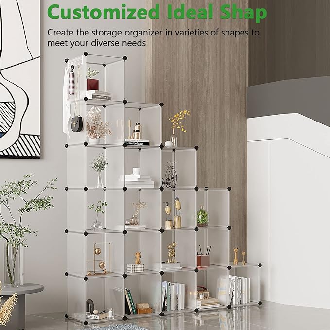 C&AHOME Cube Storage Organizer, 20-Cube Shelves Units, Closet Cabinet, DIY Plastic Modular Book Shelf, Ideal for Bedroom, Living Room, Office, 48.4" L x 12.4" W x 60.6" H Transparent White UPCS20W
