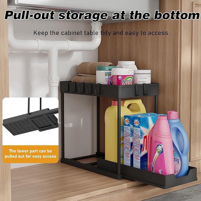 Under Sink Organizer 2 Pack,Bathroom Under Cabinet Storage with Pull Out Sliding Drawers for Kitchen Organization,12.8 Inch,Black