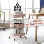 DTK 3 Tier Rolling Utility Cart with Cover Top Board, Movable Kitchen Storage Cart Trolley with Lockable Wheels, Cups, Hooks for Kitchen Bathroom Home Office Art Craft Storage and Organization(Pink)