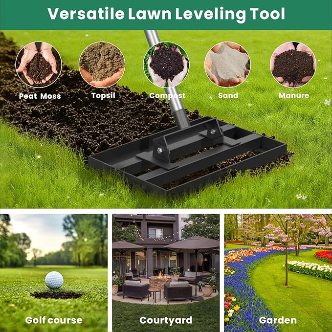 17" x 10" Lawn Leveling Rake with 78" Adjustable Stainless Steel Handle - Heavy Duty Grass Leveling Tool, Leveling rake for Lawn Care, Yard Leveler