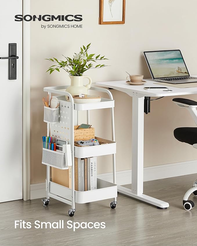 SONGMICS 3-Tier Storage Cart, Rolling Utility Cart, Metal Mesh Shelves, 2 Removable Pegboards, 2 Hanging Holders, 4 Hooks, Craft Cart for Living Room, Kitchen, Office, Bathroom, Cloud White ULRC037W01