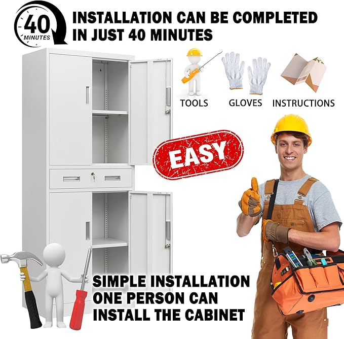 Metal Storage with 1 Drawer, 71" Cabinet with 4 Locking Doors and 2 Adjustable Shelves, Steel Storage File Cabinet for Pantry, Kitchen, Office, Garage (White)