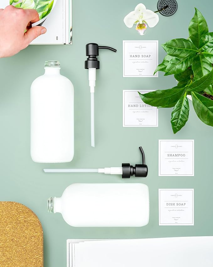 Vine Creations White Glass Soap Dispenser, 2 Pack Kitchen Soap Dispenser Set with Stainless Steel Pump, 16 oz Dish Soap and Hand Soap Dispensers for Bathroom with Waterproof Labels